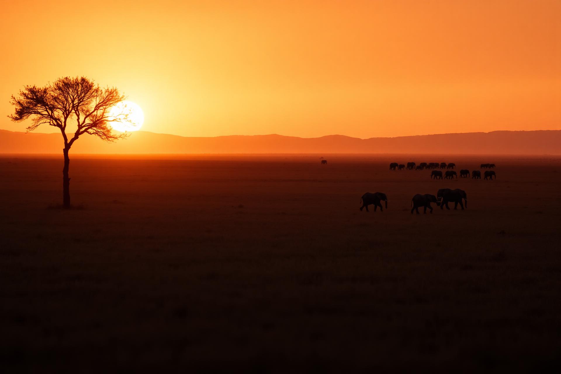 Serengeti savanna at sunrise with acacia trees on the horizon